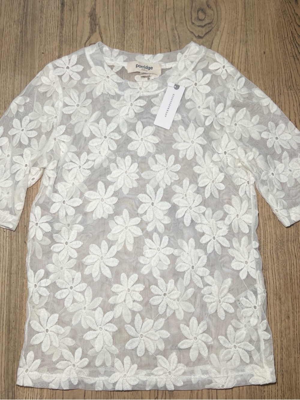 Anthropologie White Floral Lace Short-Sleeve Tee